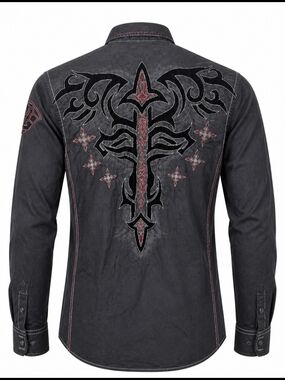 ROAR Men's Black Cotton Woven Long-Sleeve Embroidered Western Shirt Size Large